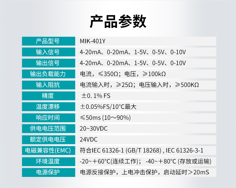 米科MIK-401Y信号隔离器产品参数表